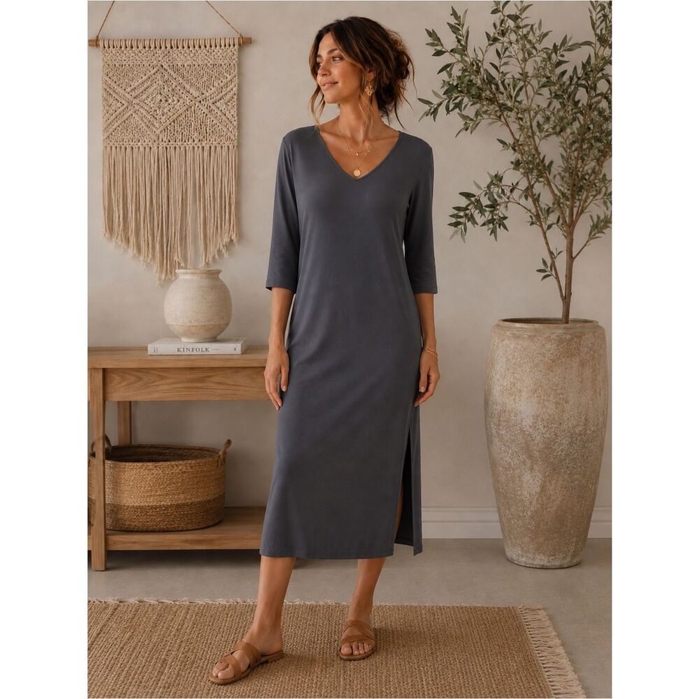 J Jill Gray Midi Dress with Side Slits and 3/4 Sleeves size L